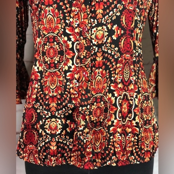 ESSENTIALS By MILANO Pleated S 3/4 Bell Sleeve Rust Cream Black Print Blouse - Picture 6 of 13
